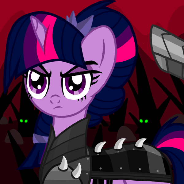 Size: 800x800 | Tagged: alternate timeline, armor, artist:katya, crystal war timeline, derpibooru import, glowing eyes, king sombra, offscreen character, safe, soldier, solo focus, traitor, traitor sparkle, twilight sparkle