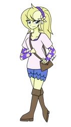 Size: 1280x2276 | Tagged: safe, artist:iamsheila, derpibooru import, oc, oc:lemon blossom, unofficial characters only, equestria girls, blue eyes, fashion, flower, flower in hair, fullbody, purse, reference, simple background, solo, transparent background, yellow