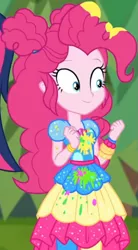 Size: 491x889 | Tagged: safe, derpibooru import, screencap, pinkie pie, equestria girls, equestria girls series, sunset's backstage pass!, spoiler:eqg series (season 2), beads, canvas, clothes, cropped, curly hair, cute, diapinkes, dress, female, forest background, geode of sugar bombs, gold, grass, hairband, happy, jewelry, magical geodes, music festival outfit, outdoors, paint, pants, short sleeves, smiling, wristband