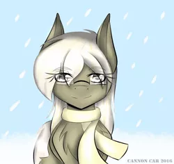 Size: 848x800 | Tagged: safe, artist:cannoncar, derpibooru import, oc, oc:chelley, unofficial characters only, pony, clothes, female, glasses, mare, scarf, signature, smiling, snow, solo