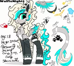 Size: 1360x1200 | Tagged: safe, artist:_wulfie, derpibooru import, oc, oc:wulfie, unofficial characters only, alicorn, pony, alicorn oc, bandage, chest fluff, clothes, collar, female, heart, horn, injured, jewelry, leonine tail, mare, necklace, paw prints, reference sheet, socks, solo, wings