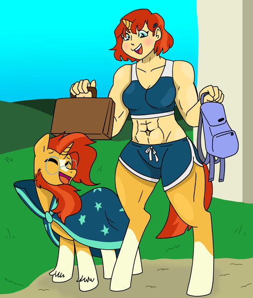 Size: 6853x8073 | Tagged: safe, artist:/d/non, artist:gameboyadvancesp, derpibooru import, sunburst, oc, oc:nova flare, satyr, unicorn, abs, father and child, father and daughter, female, male, muscles, muscular female, older sunburst, parent:sunburst