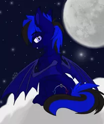 Size: 1080x1291 | Tagged: safe, artist:_wulfie, derpibooru import, oc, unofficial characters only, bat pony, pony, bat pony oc, bat wings, cloud, full moon, looking back, moon, night, on a cloud, solo, stars, wings