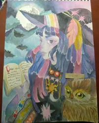 Size: 1377x1713 | Tagged: artist:lloline, bat, bird, book, clothes, derpibooru import, duo, female, full moon, hat, human, humanized, moon, owl, owlowiscious, safe, traditional art, twilight sparkle, witch, witch hat