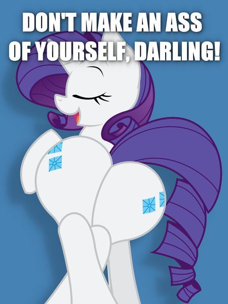 Size: 1200x1600 | Tagged: suggestive, artist:joey darkmeat, derpibooru import, edit, rarity, pony, unicorn, both cutie marks, butt, caption, female, image macro, mare, plot, pun, rearity, solo, text, vulgar