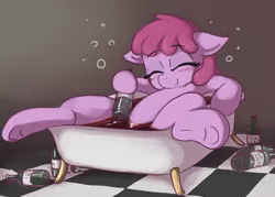 Size: 1738x1247 | Tagged: safe, artist:t72b, derpibooru import, berry punch, berryshine, earth pony, pony, alcohol, atg 2020, bath, bathing, bathtub, claw foot bathtub, drunk, go home you're drunk, newbie artist training grounds, on back, sleeping, smiling, solo, wine