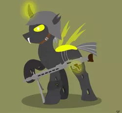 Size: 1024x941 | Tagged: artist:atomfliege, changeling, changeling oc, derpibooru import, gun, helmet, lineless, machine gun, male, mg-42, oc, oc:warplix, safe, simple background, soldier, solo, unofficial characters only, weapon, yellow changeling