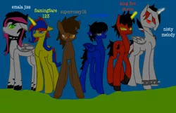 Size: 844x542 | Tagged: safe, artist:eeveegirl324, derpibooru import, oc, oc:emala jiss, oc:fire storm, oc:flaming flare, oc:sonica, alicorn, earth pony, pegasus, unicorn, night, pegasus oc, wings