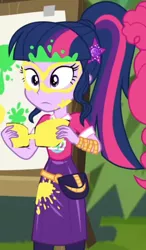 Size: 504x863 | Tagged: safe, derpibooru import, screencap, pinkie pie, sci-twi, twilight sparkle, equestria girls, equestria girls series, sunset's backstage pass!, spoiler:eqg series (season 2), beads, clothes, cropped, curly hair, cute, dress, female, geode of sugar bombs, geode of telekinesis, hairband, jewelry, magical geodes, music festival outfit, pants, short sleeves, smiling, twiabetes, wristband