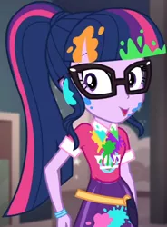 Size: 766x1038 | Tagged: safe, derpibooru import, screencap, sci-twi, twilight sparkle, equestria girls, equestria girls series, sunset's backstage pass!, spoiler:eqg series (season 2), bangs, clothes, collar, cropped, cute, female, glasses, indoors, messy, music festival outfit, paint, ponytail, public restroom, shirt, short sleeves, skirt, smiling, talking, twiabetes, wristband