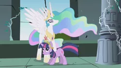 Size: 2560x1440 | Tagged: safe, derpibooru import, screencap, princess celestia, twilight sparkle, alicorn, pony, unicorn, friendship is magic, behaving like a cat, big crown thingy, castle of the royal pony sisters, crown, duo, element of magic, ethereal mane, female, jewelry, mare, peytral, regalia, spread wings, twilight cat, unicorn twilight, wings