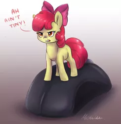 Size: 2264x2314 | Tagged: safe, artist:buttersprinkle, derpibooru import, apple bloom, pony, adorabloom, angry, blatant lies, computer mouse, cute, female, gradient background, high res, micro, smol, solo, text, tiny, tiny ponies