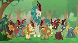 Size: 1440x801 | Tagged: a kirin tale, angry, argument, background kirin, cinder glow, cloven hooves, crowd, derpibooru import, fern flare, forest fall, frown, kirin, maple brown, pointing, pumpkin smoke, rain shine, safe, screencap, sounds of silence, sparkling brook, spoiler:s08, spring glow, summer flare, winter flame