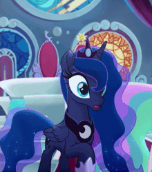 Size: 685x779 | Tagged: safe, derpibooru import, screencap, princess luna, alicorn, pony, my little pony: the movie, animated, beautiful, canterlot castle, cropped, crown, ethereal mane, ethereal tail, eyeshadow, female, flowing mane, flowing tail, folded wings, jewelry, luna is not amused, makeup, mare, multicolored tail, narrowed eyes, offscreen character, peytral, raised eyebrow, raised hoof, regalia, solo focus, starry mane, starry tail, throne, throne room, unamused, wings