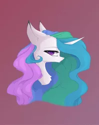 Size: 1280x1613 | Tagged: alicorn, artist:justeuge, bust, derpibooru import, female, hair over one eye, mare, portrait, princess celestia, profile, red background, safe, simple background, solo