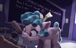 Size: 4000x2550 | Tagged: safe, artist:vanillaghosties, derpibooru import, cozy glow, pegasus, pony, atg 2020, bag, chalkboard, chromatic aberration, cozybetes, cute, door, evil, female, filly, hammer, high res, implied murder, implied starlight glimmer, mace, mouth hold, newbie artist training grounds, pure concentrated unfiltered evil of the utmost potency, pure unfiltered evil, saw, sawblade, solo, spiked club, this will end in death, this will end in tears, weapon