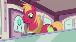 Size: 500x281 | Tagged: animated, big macintosh, cute, derpibooru import, gem, gif, hearts and hooves day (episode), jewelry, jewelry store, macabetes, nodding, reaction image, safe, screencap, solo