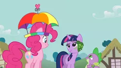 Size: 1920x1080 | Tagged: safe, derpibooru import, screencap, pinkie pie, spike, twilight sparkle, dragon, earth pony, frog, pony, unicorn, feeling pinkie keen, faic, hat, ponyville, scrunchy face, umbrella hat, unicorn twilight