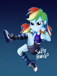 Size: 1536x2048 | Tagged: safe, artist:saltymango, derpibooru import, rainbow dash, equestria girls, 2020, 2020s, action pose, alternate clothes, angry, armpits, clothes, converse, cute, dashabetes, night, pink eyes, rainbow dash always dresses in style, shoes, shorts, sky, sneakers, solo, tanktop, tomboy, wristband