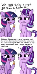 Size: 1024x2044 | Tagged: suggestive, artist:tjpones, derpibooru import, edit, part of a set, starlight glimmer, twilight sparkle, twilight sparkle (alicorn), alicorn, pony, unicorn, bottle, dialogue, duo, female, high res, hoof on chin, implied trixie, insane troll logic, mare, medicine, simple background, sitting, wat, white background, word association