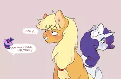 Size: 871x567 | Tagged: safe, artist:xeiphi, deleted from derpibooru, derpibooru import, applejack, rarity, twilight sparkle, earth pony, pony, unicorn, blushing, dialogue, female, lesbian, rarijack, shipping, sweat