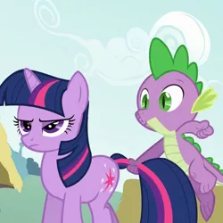 Size: 1080x1080 | Tagged: safe, derpibooru import, screencap, spike, twilight sparkle, dragon, pony, unicorn, feeling pinkie keen, cropped, faic, image, png, ponyville, tail, tail pull, twilight is not amused, unamused, unicorn twilight