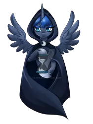 Size: 900x1200 | Tagged: safe, artist:ailish, derpibooru import, princess luna, alicorn, pony, cloak, clothes, deviantart watermark, female, hourglass, looking at you, mare, obtrusive watermark, simple background, solo, spread wings, transparent background, watermark, wings