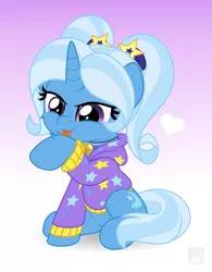 Size: 5000x6414 | Tagged: safe, artist:jhayarr23, derpibooru import, part of a set, trixie, pony, unicorn, absurd resolution, alternate hairstyle, babysitter trixie, behaving like a cat, cheek fluff, clothes, cute, diatrixes, female, gameloft interpretation, heart, hoodie, hoof licking, leg fluff, licking, mare, pigtails, sitting, solo, tongue out