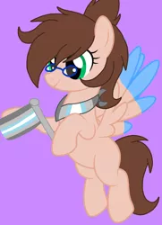 Size: 1376x1904 | Tagged: safe, artist:circuspaparazzi5678, derpibooru import, oc, oc:ash, pegasus, pony, bandana, base used, blue tips, brown mane, demiboy, demiboy pride flag, glasses, green eyes, pride, pride flag, pride month, requested art, smiling, solo