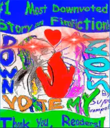 Size: 481x562 | Tagged: safe, artist:super trampoline, derpibooru import, twilight sparkle, oc, oc:super trampoline, fanfic, 1000 hours in ms paint, author:super trampoline, cover art, deep fried meme, eye beams, fanfic art, fimfiction, fimfiction.net link, kissing, meme, needs more jpeg, shitposting