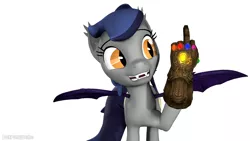 Size: 1280x720 | Tagged: safe, artist:batponyecho, derpibooru import, oc, oc:echo, unofficial characters only, bat pony, pony, 3d, avengers: infinity war, bat pony oc, bat wings, disintegration, fangs, female, happy, i don't feel so good, implied death, infinity gauntlet, infinity stones, middle finger, simple background, smiling, solo, source filmmaker, spread wings, this will end in death, this will end in disintegration, this will end in tears, this will end in tears and/or death, uh oh, vulgar, we're all doomed, white background, wings, xk-class end-of-the-world scenario