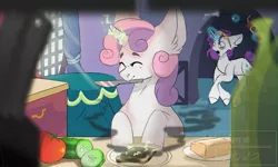 Size: 1500x899 | Tagged: safe, artist:amethesaladhair, derpibooru import, rarity, sweetie belle, pony, unicorn, bags under eyes, bread, burnt toast, butter, cooking, cucumber, ear fluff, female, filly, fire extinguisher, food, glowing horn, horn, knife, magic, mare, mouth hold, siblings, sisters, sleep mask, smoke, sweetie belle can't cook, sweetie fail, toast, tomato