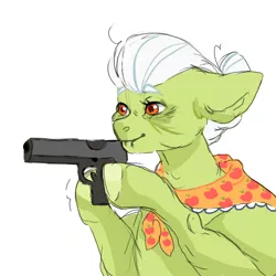 Size: 453x453 | Tagged: safe, artist:amethesaladhair, derpibooru import, granny smith, earth pony, pony, delet this, gun, juxtaposition bait, meme, ponified meme, simple background, solo, weapon, white background