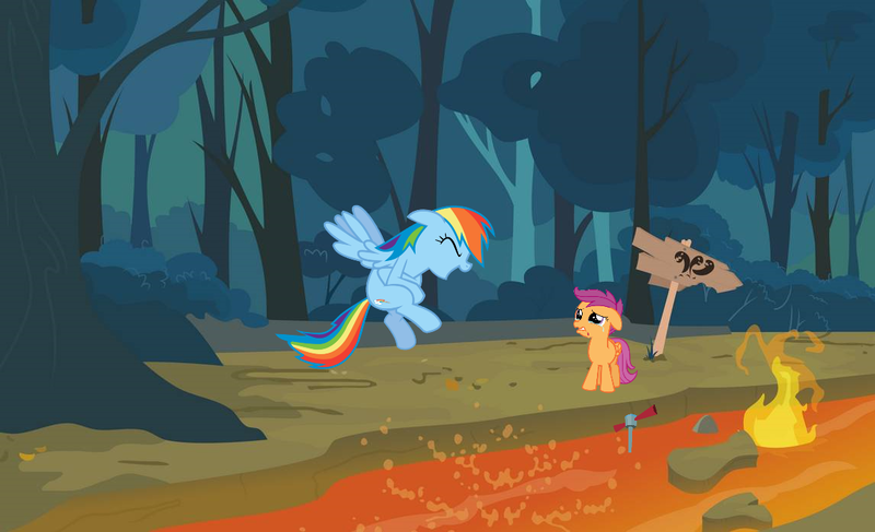 Size: 1146x697 | Tagged: artist needed, safe, derpibooru import, rainbow dash, scootaloo, pegasus, pony, bully, bullying, eyes closed, female, filly, fire, laughing, lava, lava river, mare, rainbow douche, scooter, why