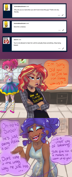 Size: 1280x3120 | Tagged: artist:ask-sunpie, artist:wimsie, ask, blouse, clothes, comic, crossed arms, derpibooru import, dress, eyes closed, human, human coloration, humanized, jacket, jewelry, necklace, pinkie pie, rarity, safe, shirt, shoes, skirt, socks, sunset shimmer, tumblr:ask sunpie, vulgar