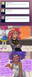 Size: 1280x3120 | Tagged: artist:ask-sunpie, artist:wimsie, ask, blouse, clothes, comic, crossed arms, derpibooru import, dress, eyes closed, human, human coloration, humanized, jacket, jewelry, necklace, pinkie pie, rarity, safe, shirt, shoes, skirt, socks, sunset shimmer, tumblr:ask sunpie, vulgar