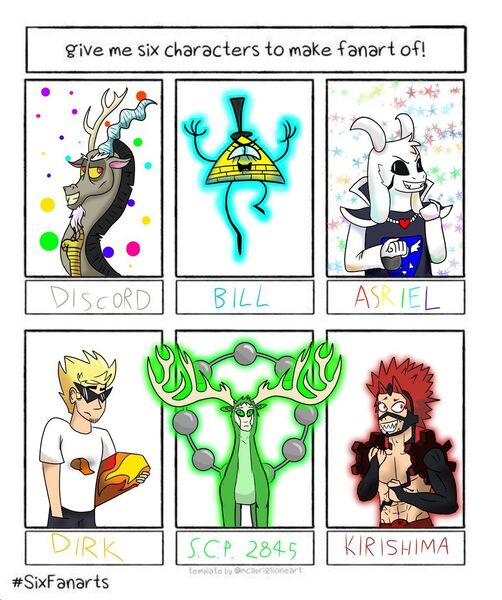 Size: 1024x1223 | Tagged: anthro, antlers, artist:aleksabg, asriel dreemurr, bill cipher, bowtie, clothes, crossover, derpibooru import, dirk strider, discord, draconequus, eijirou kirishima, goat, gravity falls, hat, homestuck, human, male, my hero academia, safe, scp foundation, six fanarts, skateboard, sunglasses, top hat, undertale