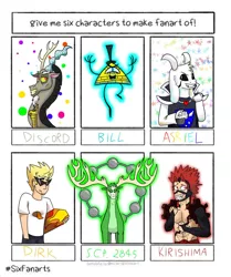 Size: 1024x1223 | Tagged: anthro, antlers, artist:aleksabg, asriel dreemurr, bill cipher, bowtie, clothes, crossover, derpibooru import, dirk strider, discord, draconequus, eijirou kirishima, goat, gravity falls, hat, homestuck, human, male, my hero academia, safe, scp foundation, six fanarts, skateboard, sunglasses, top hat, undertale