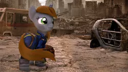 Size: 4000x2250 | Tagged: safe, artist:fic-flix, derpibooru import, oc, oc:littlepip, unofficial characters only, pony, unicorn, fallout equestria, fanfic, 3d, apocalypse, brown mane, brown tail, building, car, clothes, debris, dust, fanfic art, female, green eyes, hooves, horn, mare, photoshop, pipbuck, road, rubble, ruins, skyscraper, solo, source filmmaker, vault suit, wreckage