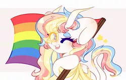 Size: 3300x2100 | Tagged: artist:etoz, blushing, commission, derpibooru import, eye clipping through hair, female, flag, gay pride, gay pride flag, horn, horns, leonine tail, lgbt, mare, oc, oc:rainbow dreams, one eye closed, pegasus, pegasus oc, pride, pride flag, pride month, ribbon, safe, simple background, smiling, stars, two toned wings, unofficial characters only, wings, wink, ych result
