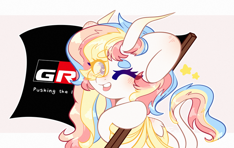 Size: 3300x2100 | Tagged: alternate version, artist:etoz, blushing, commission, derpibooru import, eye clipping through hair, female, flag, horn, horns, leonine tail, mare, oc, oc:rainbow dreams, one eye closed, pegasus, pegasus oc, ribbon, safe, simple background, smiling, stars, toyota, toyota gazoo racing, two toned wings, unofficial characters only, wings, wink, ych result