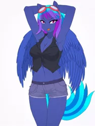 Size: 768x1024 | Tagged: suggestive, artist:q_wed, derpibooru import, oc, unofficial characters only, anthro, pegasus, 2010s, 2015, 2019, :p, anthro oc, arm behind head, armpits, belly button, breasts, cleavage, clothes, denim shorts, digital art, eyewear, female, goggles, goggles on head, looking at you, mare, midriff, multicolored hair, shirt, shorts, simple background, solo, solo female, tomboy, tongue out, white background, wings