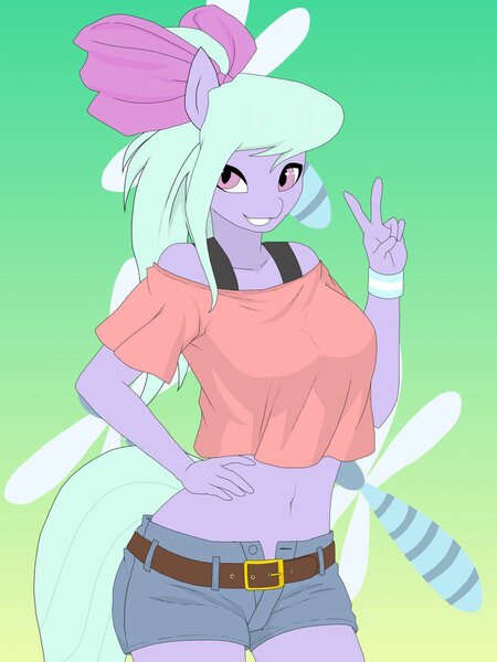 Size: 768x1024 | Tagged: 2010s, 2014, 2019, anthro, artist:q_wed, belly button, belt, bow, breasts, busty flitter, clenched teeth, clothes, cutie mark, cutie mark background, denim shorts, derpibooru import, digital art, dragonfly, female, flitter, green background, hair bow, hand on hip, insect, mare, midriff, peace sign, pegasus, safe, shirt, shorts, short shirt, simple background, smiling, solo, sports bra, tail, tomboy