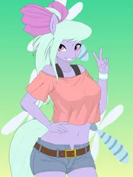 Size: 768x1024 | Tagged: 2010s, 2014, 2019, anthro, artist:q_wed, belly button, belt, bow, breasts, busty flitter, clenched teeth, clothes, cutie mark, cutie mark background, denim shorts, derpibooru import, digital art, dragonfly, female, flitter, green background, hair bow, hand on hip, insect, mare, midriff, peace sign, pegasus, safe, shirt, shorts, short shirt, simple background, smiling, solo, sports bra, tail, tomboy