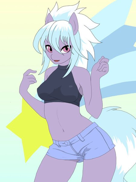 Size: 768x1024 | Tagged: 2010s, 2014, 2019, anthro, artist:q_wed, belly button, breasts, busty cloudchaser, clothes, cloudchaser, cutie mark, cutie mark background, denim shorts, derpibooru import, digital art, female, looking at you, mare, midriff, multicolored background, multicolored hair, pegasus, pose, safe, shirt, shorts, smiling, solo, sports bra, tail, tomboy, two toned hair