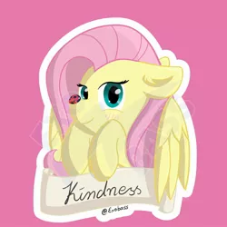 Size: 2000x2000 | Tagged: safe, artist:exobass, derpibooru import, fluttershy, pegasus, pony, blushing, bust, element of kindness, female, floppy ears, hooves to the chest, insect on nose, kindness, looking at you, mare, obtrusive watermark, old banner, outline, pink background, simple background, smiling, solo, sticker, three quarter view, watermark, white outline, wings