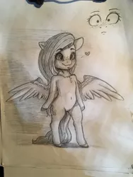 Size: 1536x2048 | Tagged: artist:miokomata, belly button, chest fluff, colored hooves, derpibooru import, female, floppy ears, fluttershy, freckles, freckleshy, heart, human shoulders, pegasus, safe, semi-anthro, solo, traditional art