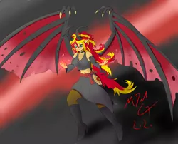 Size: 6562x5297 | Tagged: safe, artist:mdelg, derpibooru import, sunset shimmer, succubus, equestria girls, absurd resolution, belly button, boots, breasts, choker, cleavage, clothes, cutie mark, cutie mark on equestria girl, demon wings, detached sleeves, elf ears, female, high heel boots, horns, large wings, midriff, shoes, side slit, skirt, slit eyes, socks, solo, species swap, sports bra, stockings, sunset satan, tail, tanktop, thigh highs, wing claws, wings