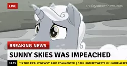 Size: 711x373 | Tagged: safe, derpibooru import, edit, edited screencap, screencap, sunny skies, pony, unicorn, rainbow roadtrip, break your own news, breaking news, desaturated, male, not funny, sad, stallion