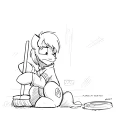 Size: 1280x1280 | Tagged: safe, artist:captainhoers, derpibooru import, oc, oc:radan, earth pony, broom, clothes, earth pony oc, glare, jacket, janitor, male, roomba, sierra nevada, sitting, stallion, sweeping